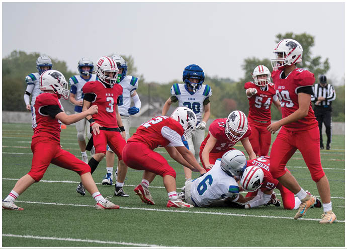 Players in red and white football uniforms are engaged in a play on a grassy field with players in white and blue uniforms. Description generated by AI