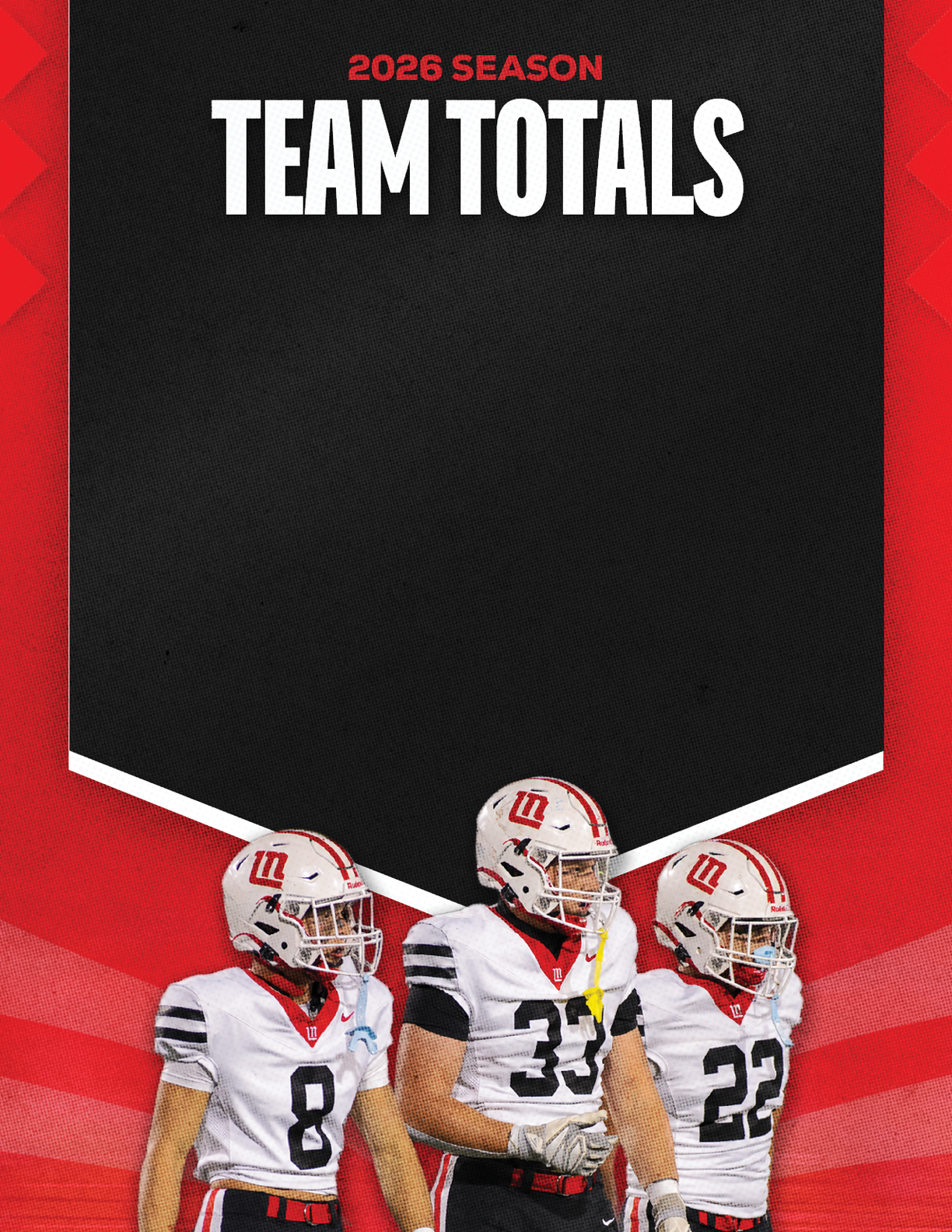 Three people wearing white football uniforms with helmets stand in front of a black and red background with the text “2026 Season Team Totals" above them. Description generated by AI