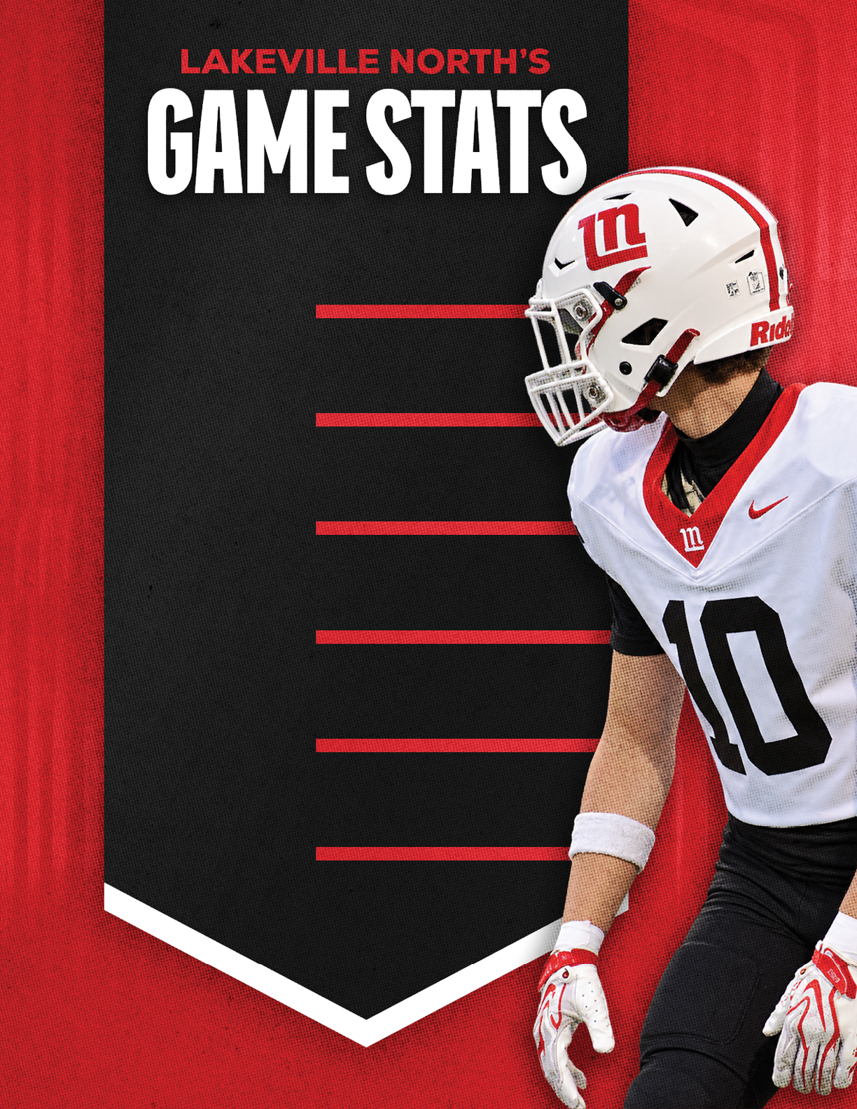 A person in a white football uniform with the number 10 and a white helmet stands next to a black banner with red lines and the text “Lakeville North's Game Stats" on a red background. Description generated by AI