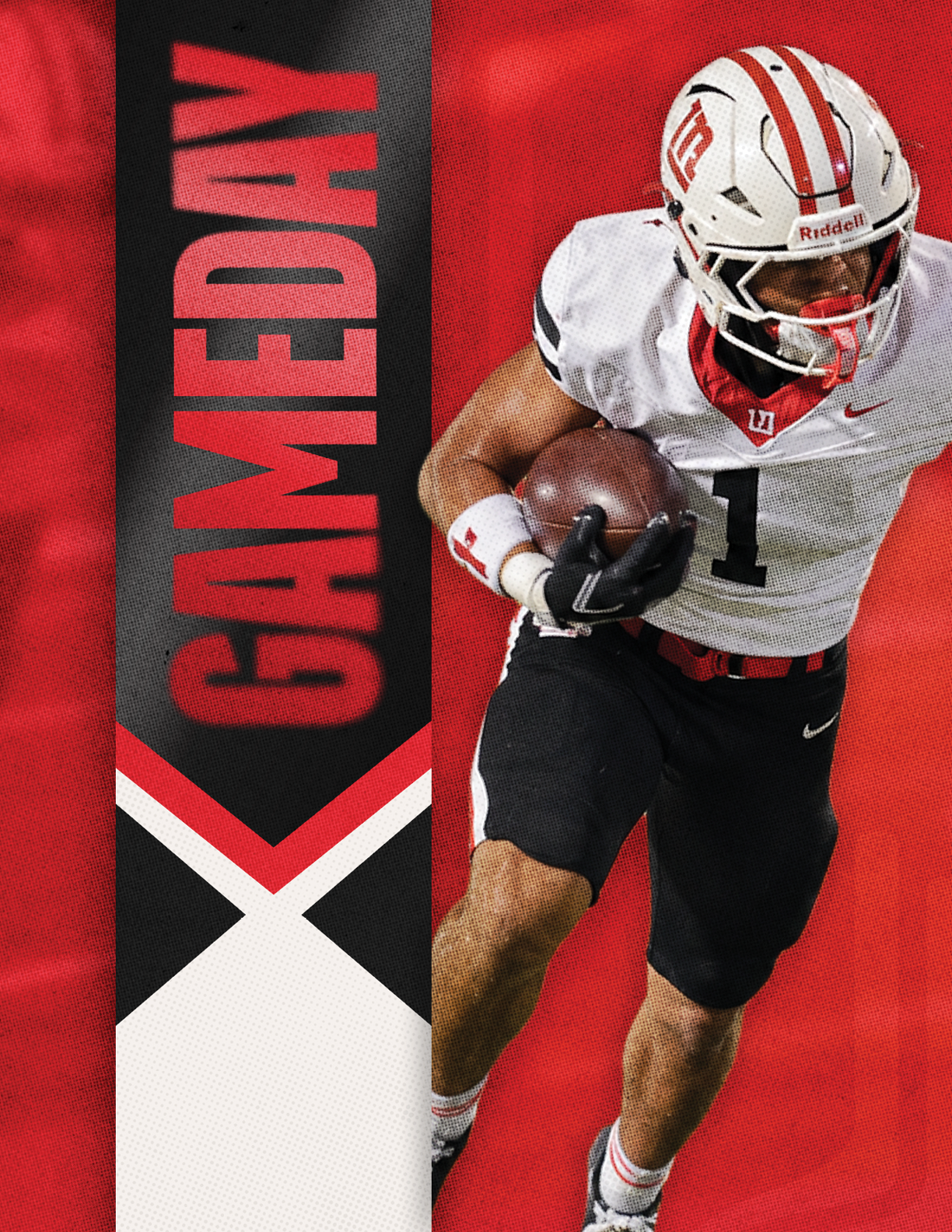 A person wearing a white football helmet and uniform with the number one is running while holding a football against a red background with the word GAMEDAY in bold red letters on a black vertical banner. Description generated by AI