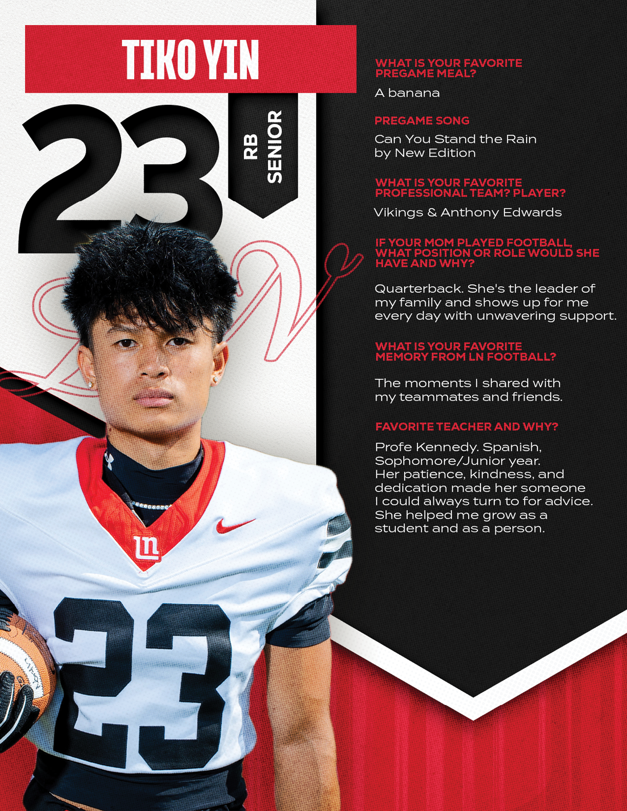 A person wearing a white and black football uniform with the number 23 stands holding a football next to text about their favorite pregame meal, song, professional team players, football position, and favorite memory. Description generated by AI