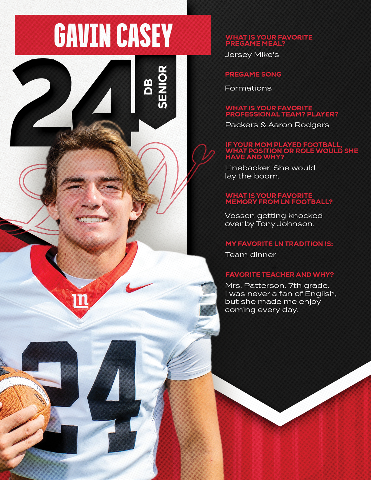 A person in a football uniform holding a football stands next to text featuring their name, position, and answers to questions about favorite pregame meal, song, professional team, football role model, memory, tradition, and pregame ice cream. Description generated by AI