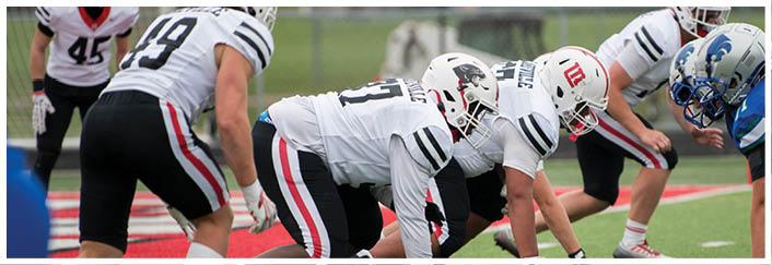 People in football uniforms are lined up on a field preparing for a play during a game. Description generated by AI