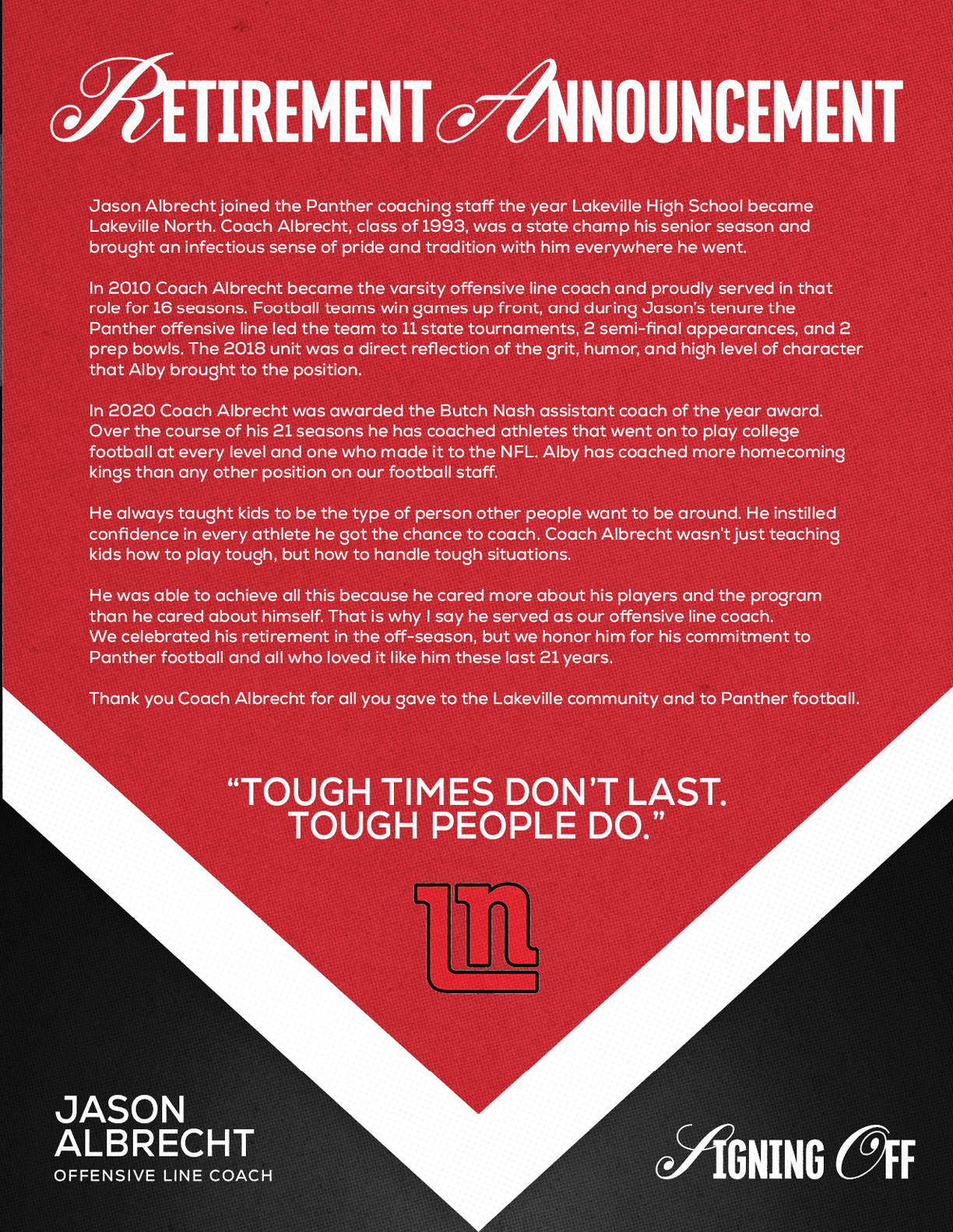 Retirement announcement for Jason Albrecht, offensive line coach, highlighting his coaching career, achievements, and gratitude from the Lakeville community with a bold red and gray graphic design. Description generated by AI