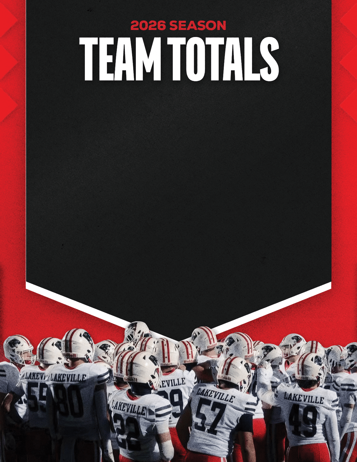 A group of people wearing football uniforms with helmets stand together at the bottom of a graphic that reads 2026 season team totals on a red and black background. Description generated by AI