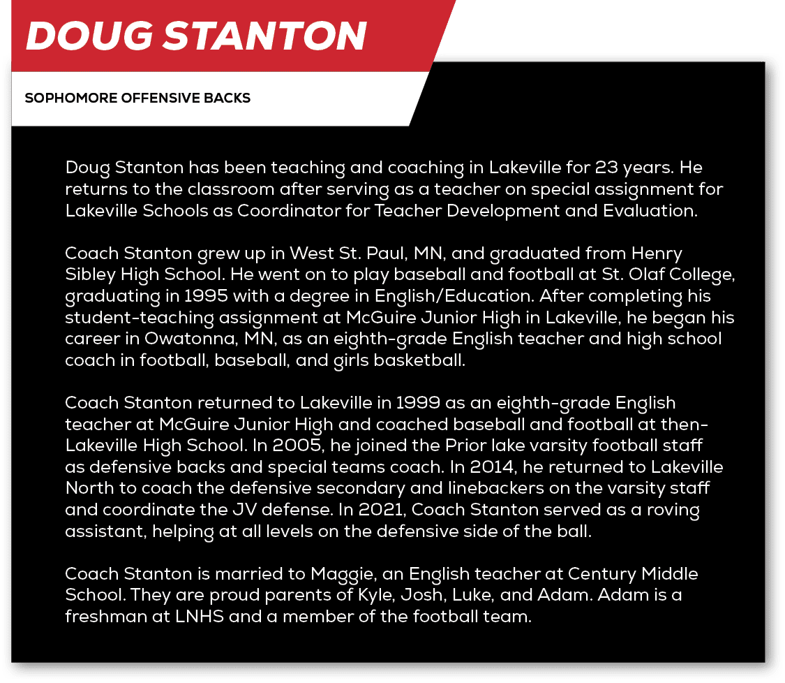 Doug Stanton,sophomore Offensive Backs,Doug Stanton has been teaching and coaching in Lakeville for 23 years. He retu...