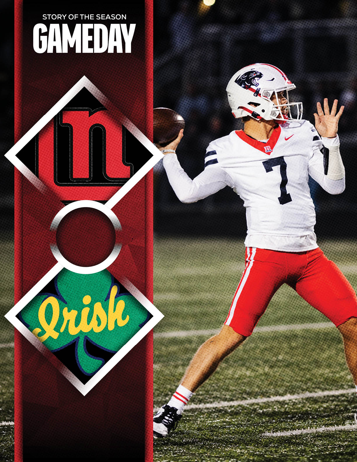 An adult athlete wearing a white helmet and jersey with the number seven is preparing to throw a football on a field with a dark background and a red vertical banner reading “Story of the Season Gameday Irish." Description generated by AI