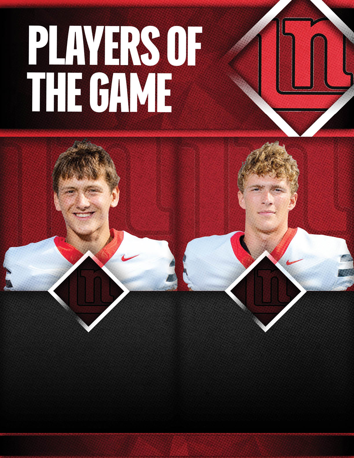 Two people wearing white sports jerseys with red collars are shown under the text “Players of the Game" on a red and black graphic background. Description generated by AI