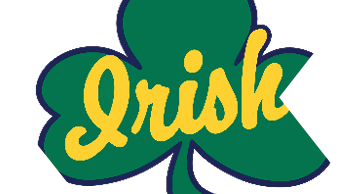 A green shamrock with the word “Irish" written across it in yellow cursive letters outlined in dark blue. Description generated by AI