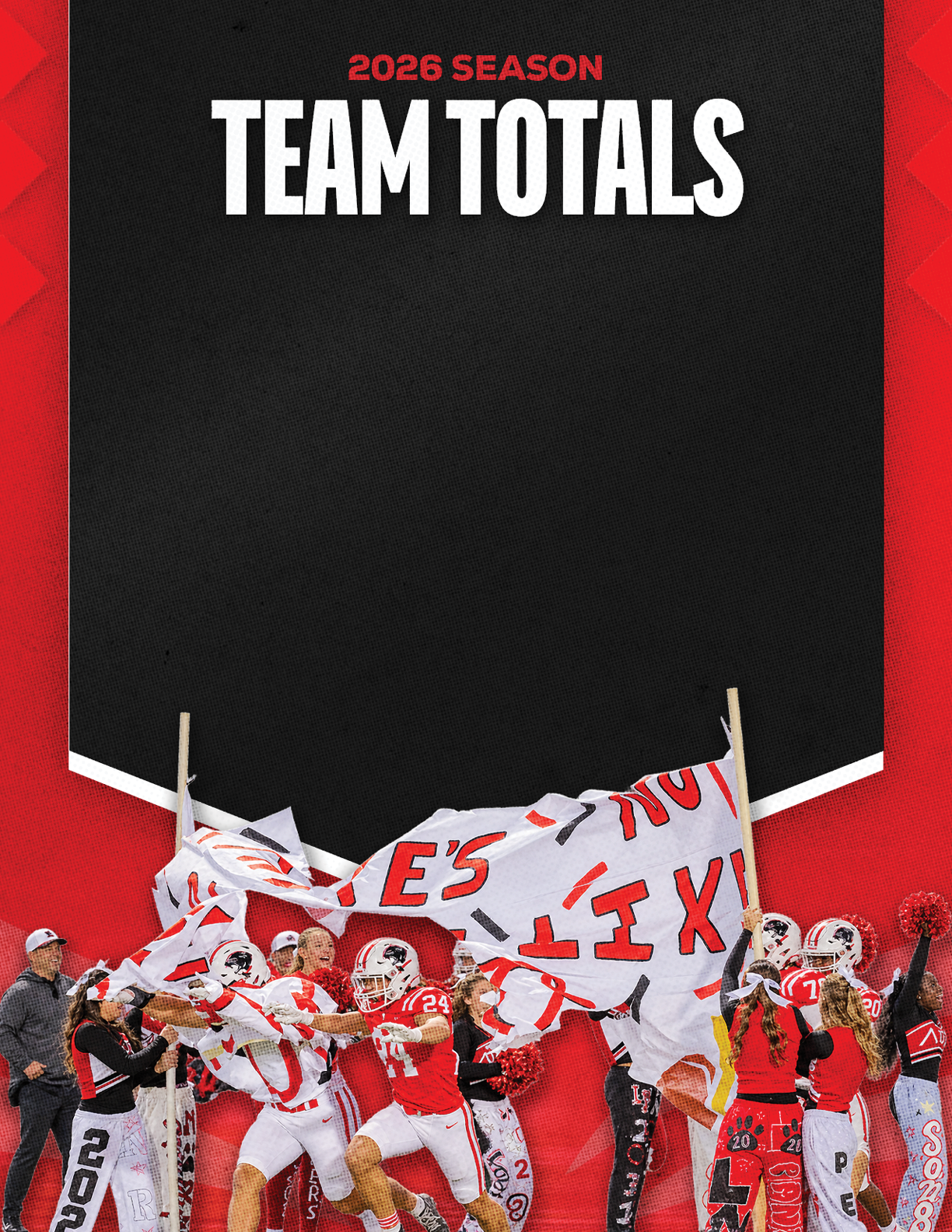 A group of people in red and white sports uniforms are celebrating on a field while holding and waving a large white banner with red text under a black and red graphic that reads 2026 season team totals. Description generated by AI