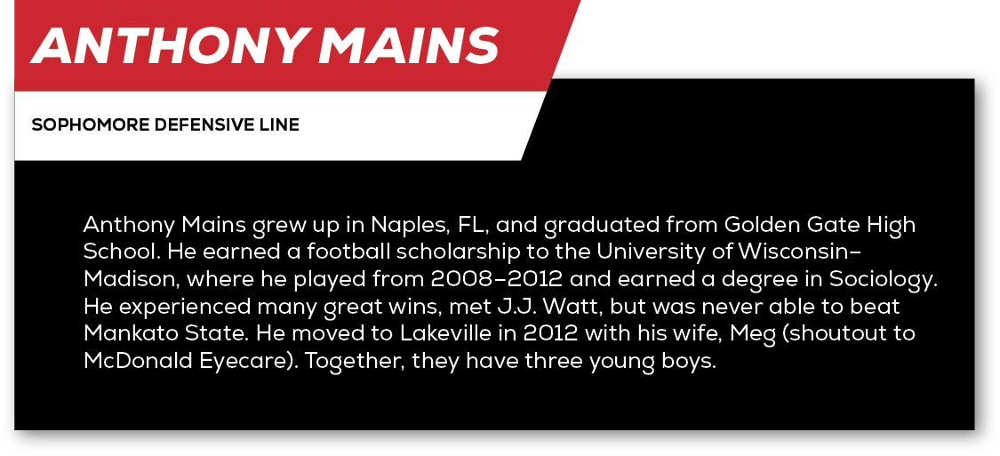 Anthony Mains,sophomore Defensive Line ,Anthony Mains grew up in Naples, FL, and graduated from Golden Gate High Scho...