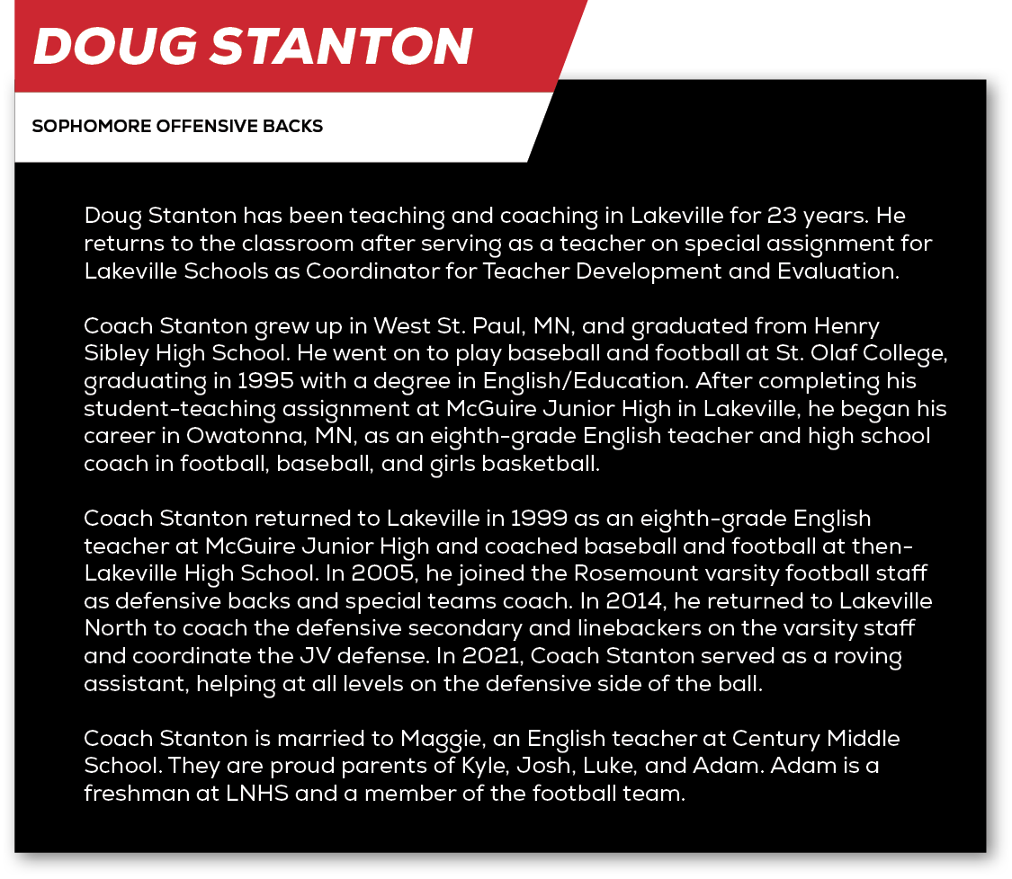 Doug Stanton,sophomore Offensive Backs,Doug Stanton has been teaching and coaching in Lakeville for 23 years. He retu...