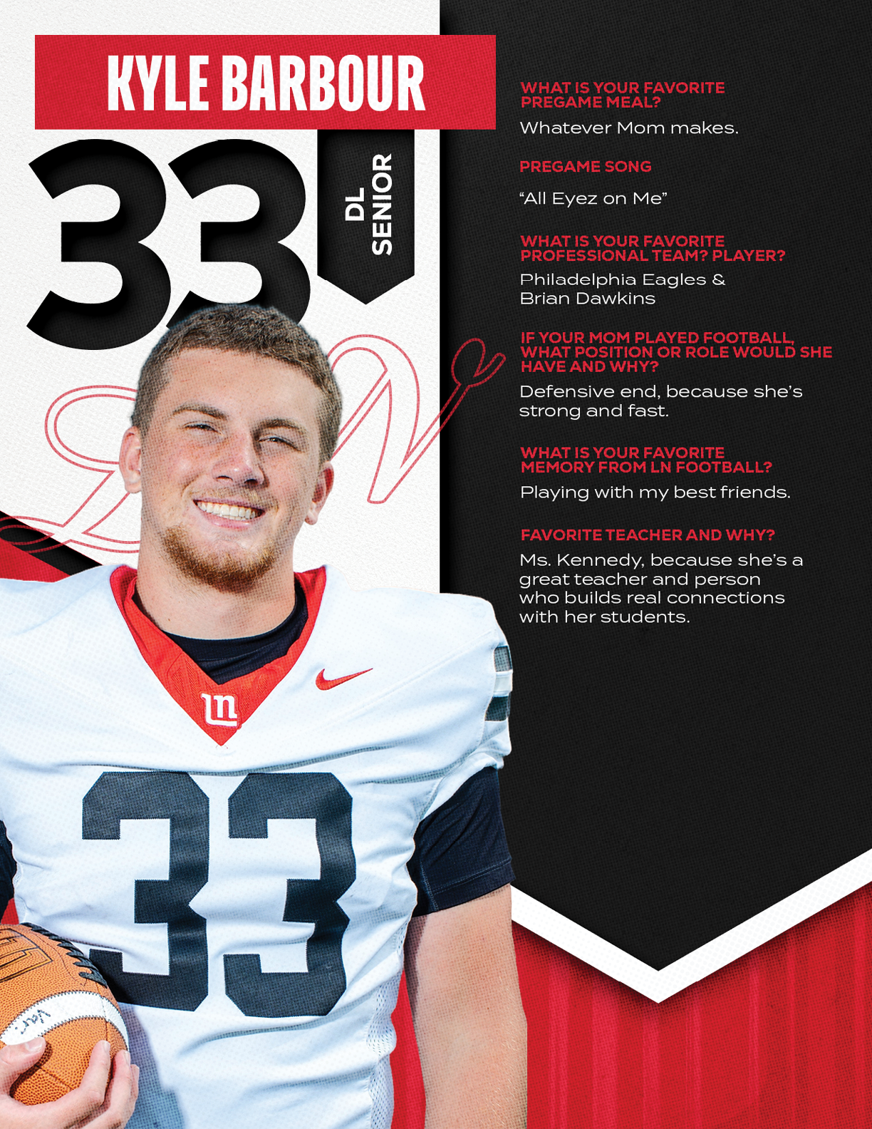A person wearing a football uniform with the number 33 and holding a football is smiling next to text about their favorite pregame meal, song, professional team player, football memory, and favorite teacher. Description generated by AI