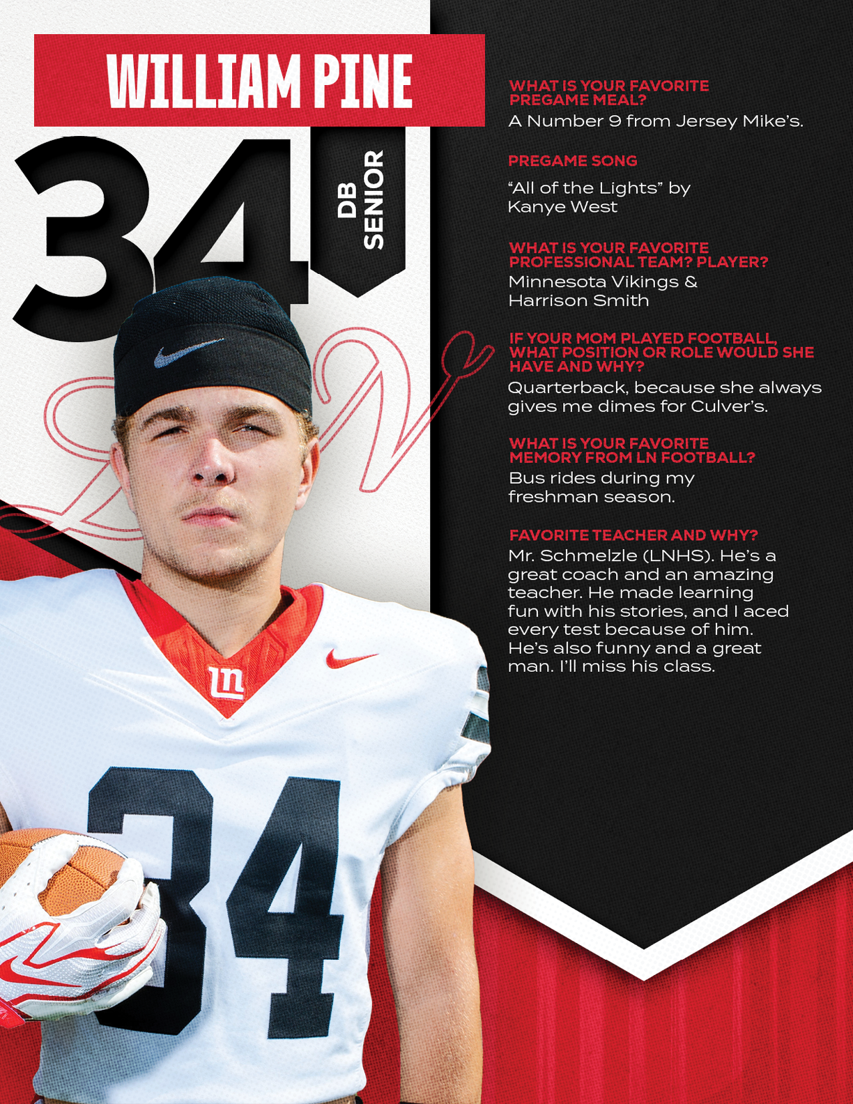 A person wearing a football uniform with the number 34 and holding a football is featured alongside text about their favorite pregame meal, song, professional team players, and memories from football. Description generated by AI