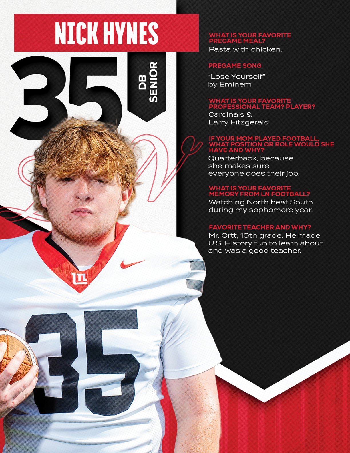 A person with curly hair wearing a white football jersey with the number 35 and holding a football stands next to text featuring their name Nick Hynes, position as senior, and answers to questions about their favorite pregame meal, song, professional player, football position, memory, and teacher. Description generated by AI