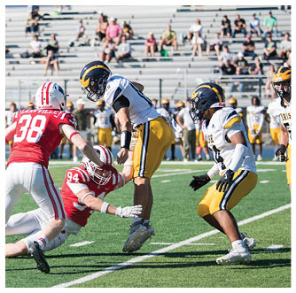 Players in yellow and white uniforms and players in red and white uniforms are engaged in a football game on a green field with spectators in the background. Description generated by AI