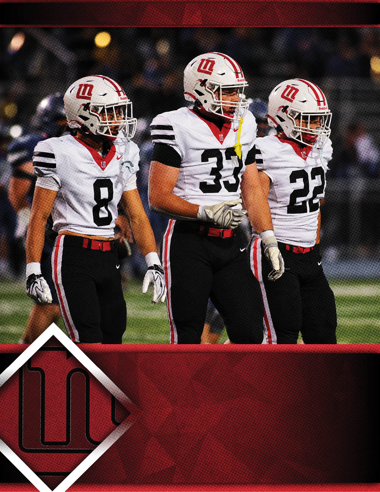 Three people wearing white football helmets and uniforms with black pants stand together on a field during a game. Description generated by AI