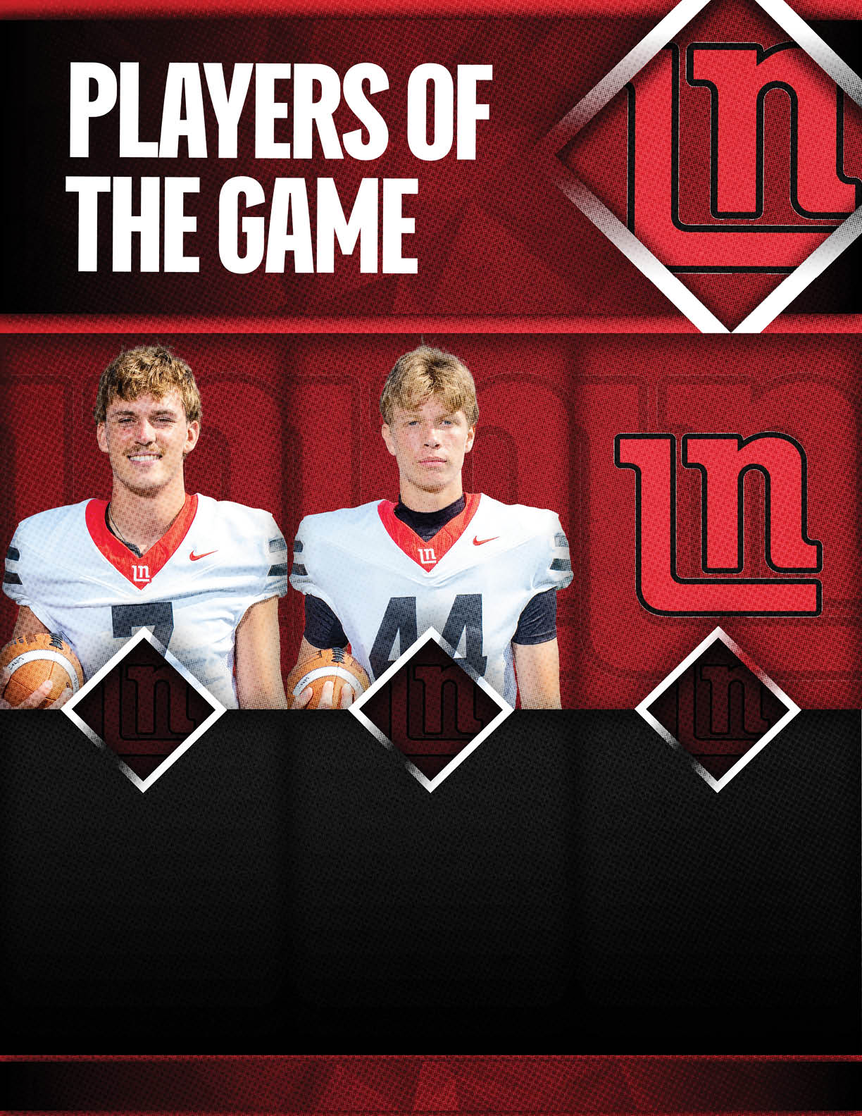 Two adults wearing white football uniforms with red and black accents hold footballs under a banner that reads players of the game. Description generated by AI