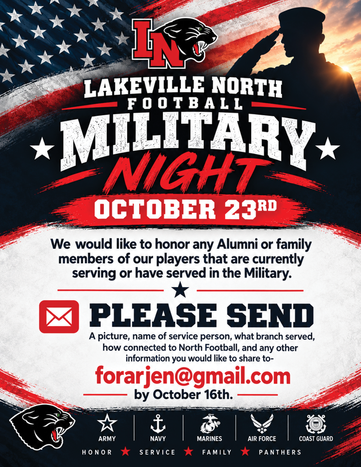 A promotional graphic for Lakeville North Football Military Night featuring a silhouette of a saluting person against an American flag background, requesting alumni or family members to send information about players serving in the military by a specified date. Description generated by AI