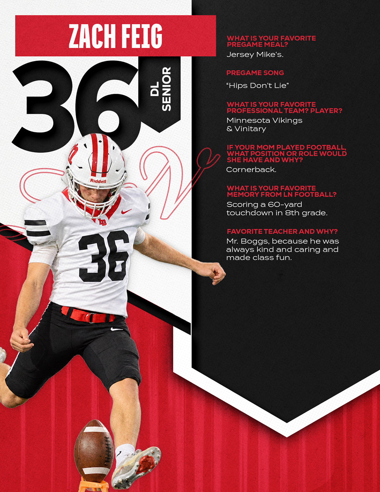 A stylized graphic design features the name Zach Feig with the number 36, indicating a senior, alongside text about favorite pregame meals, songs, professional players, football positions, memories, and a favorite teacher. Description generated by AI