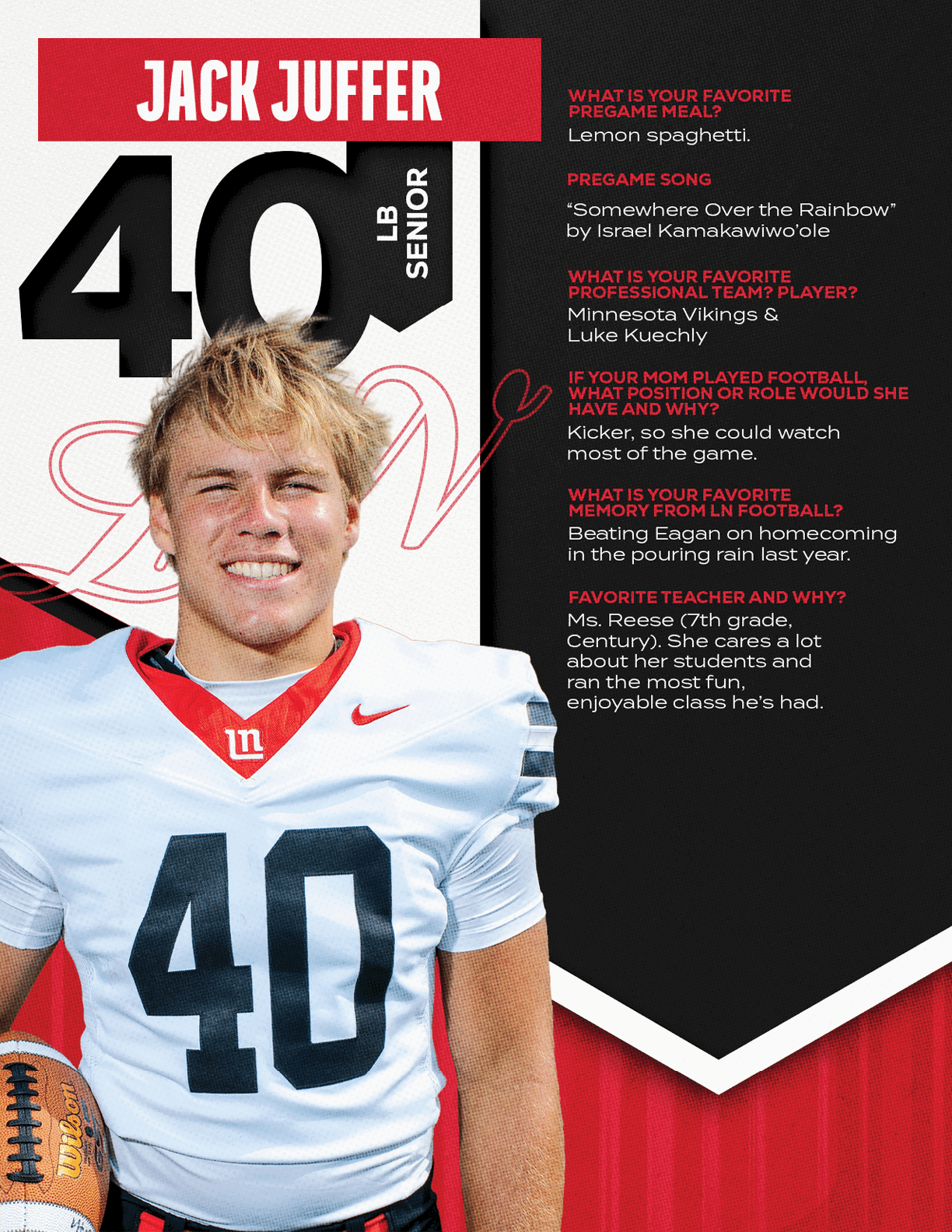 A person wearing a football uniform with the number 40 smiles while holding a football, accompanied by text about favorite pregame meal, song, professional team players, and football memories. Description generated by AI