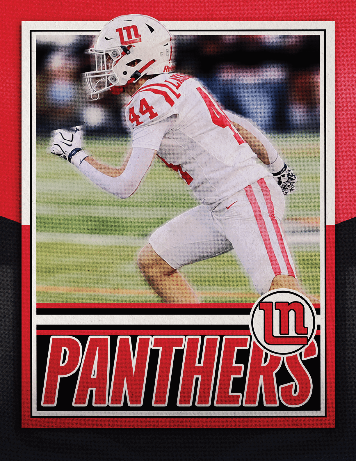 A person wearing a white football uniform with red stripes and the number 44 is running on a field with the word Panthers and a logo below. Description generated by AI