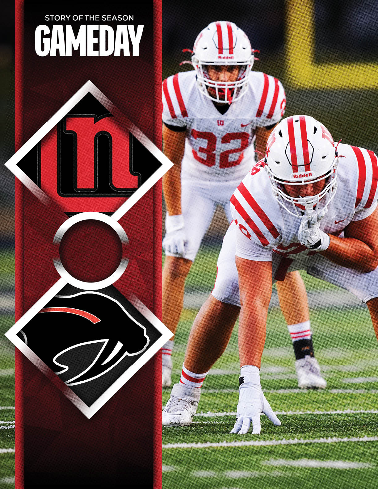 Two football players in white and red uniforms are positioned on a field with one crouching and the other standing behind, alongside a graphic banner with the text “GAMEDAY" and team logos. Description generated by AI