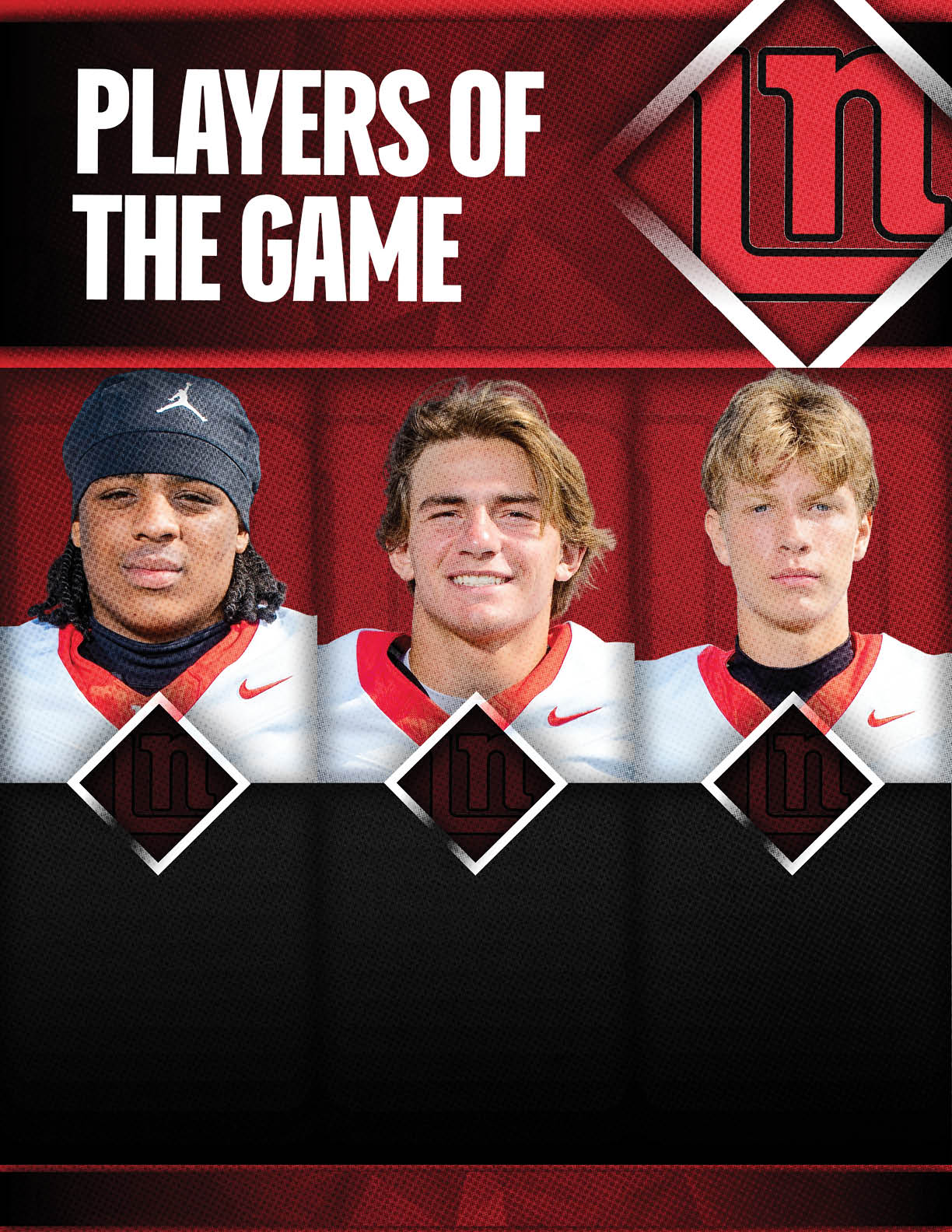 Three people wearing sports uniforms are shown under the heading “Players of the Game" with a red and black background. Description generated by AI