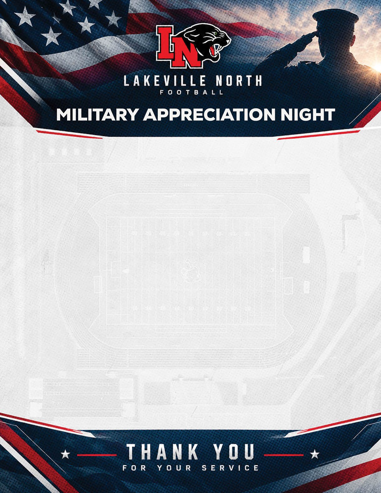 A patriotic graphic for Lakeville North Football Military Appreciation Night features an American flag, a silhouette of a saluting person in uniform, and the text thanking military service. Description generated by AI