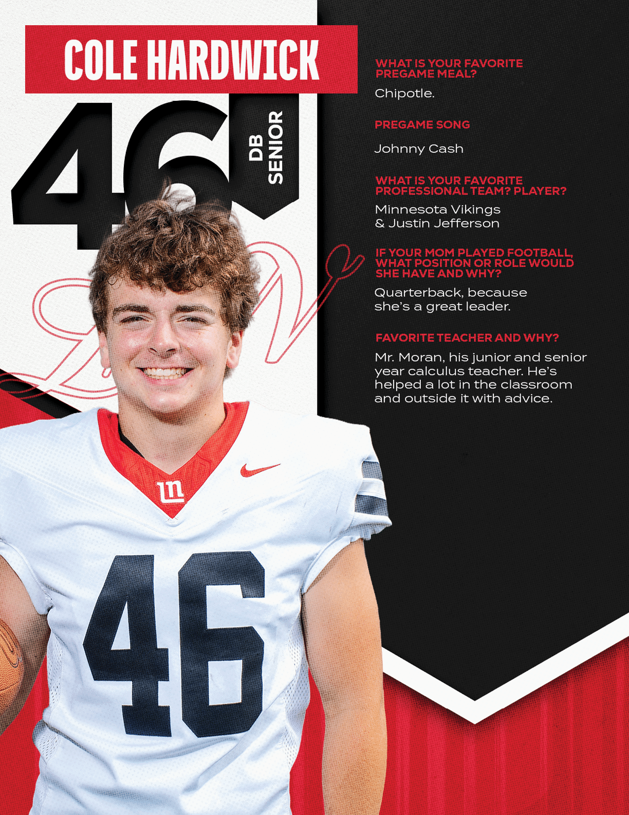 A person wearing a white football jersey with the number 46 and red accents is smiling in front of a graphic background featuring the name Cole Hardwick and text about favorite pregame meals, songs, professional teams, motivational quotes, and favorite teachers. Description generated by AI