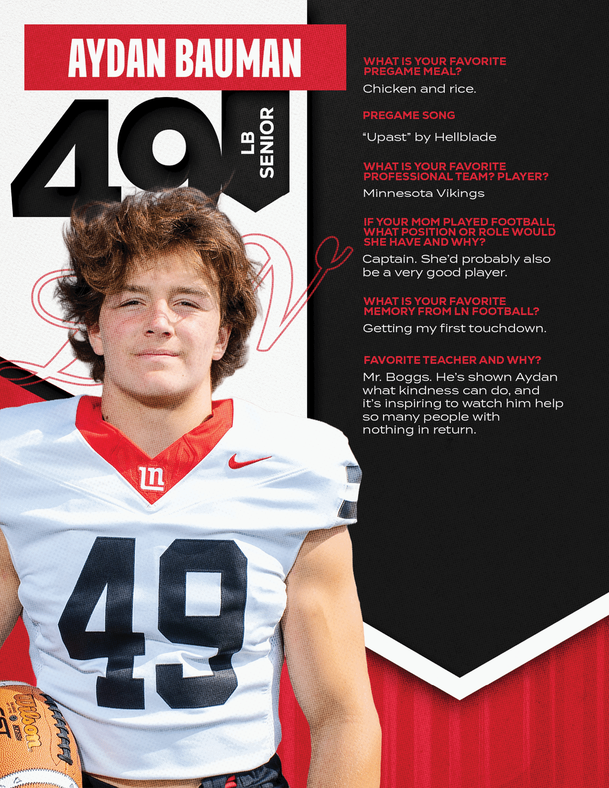 A person with curly hair wearing a white football jersey with the number 49 and holding a football stands next to a graphic featuring the name Aydan Bauman, their position as a senior linebacker, and text about favorite pregame meals, songs, professional players, football memories, and a favorite teacher. Description generated by AI