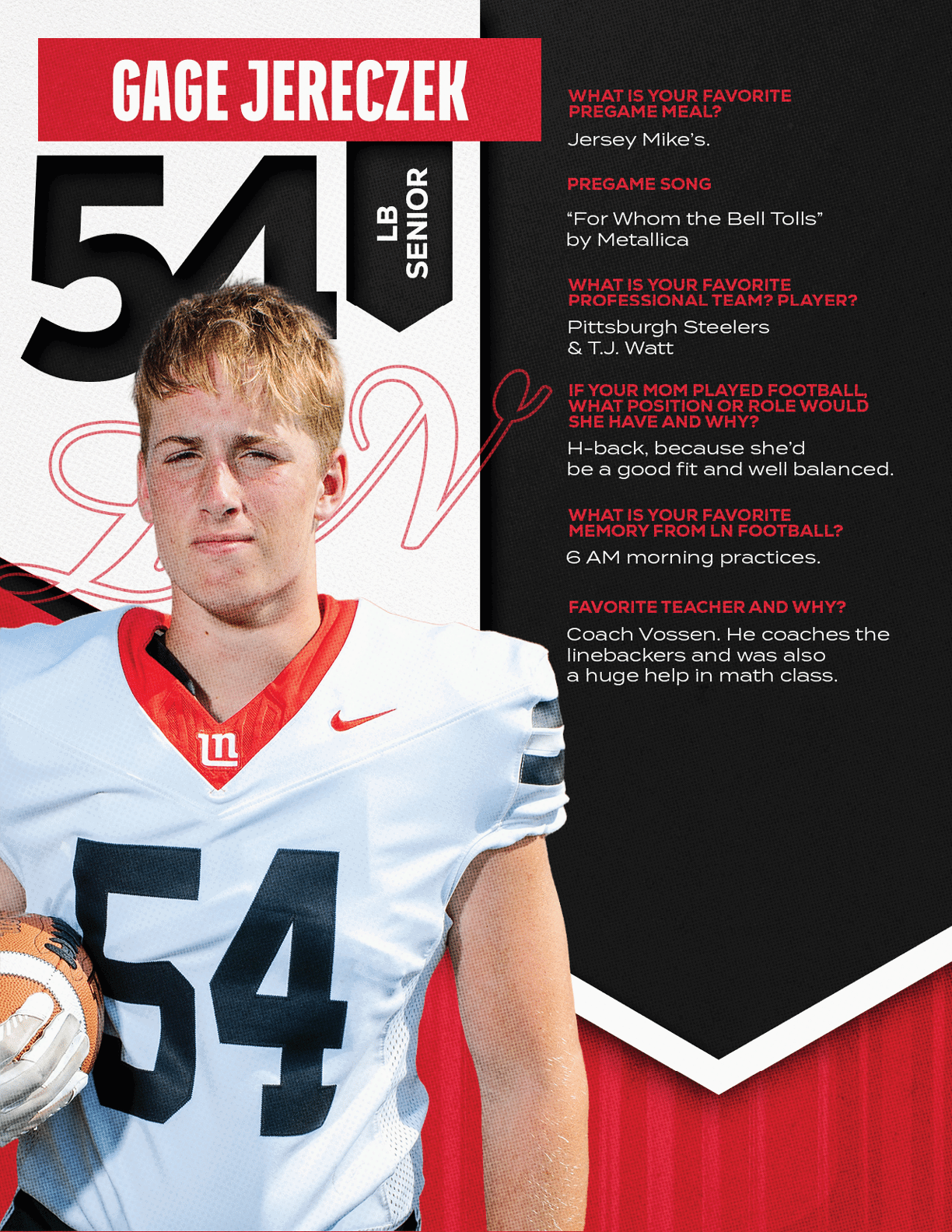 A person wearing a white football jersey with the number 54 is holding a football and standing next to text featuring their name, position, and personal favorite football-related answers. Description generated by AI