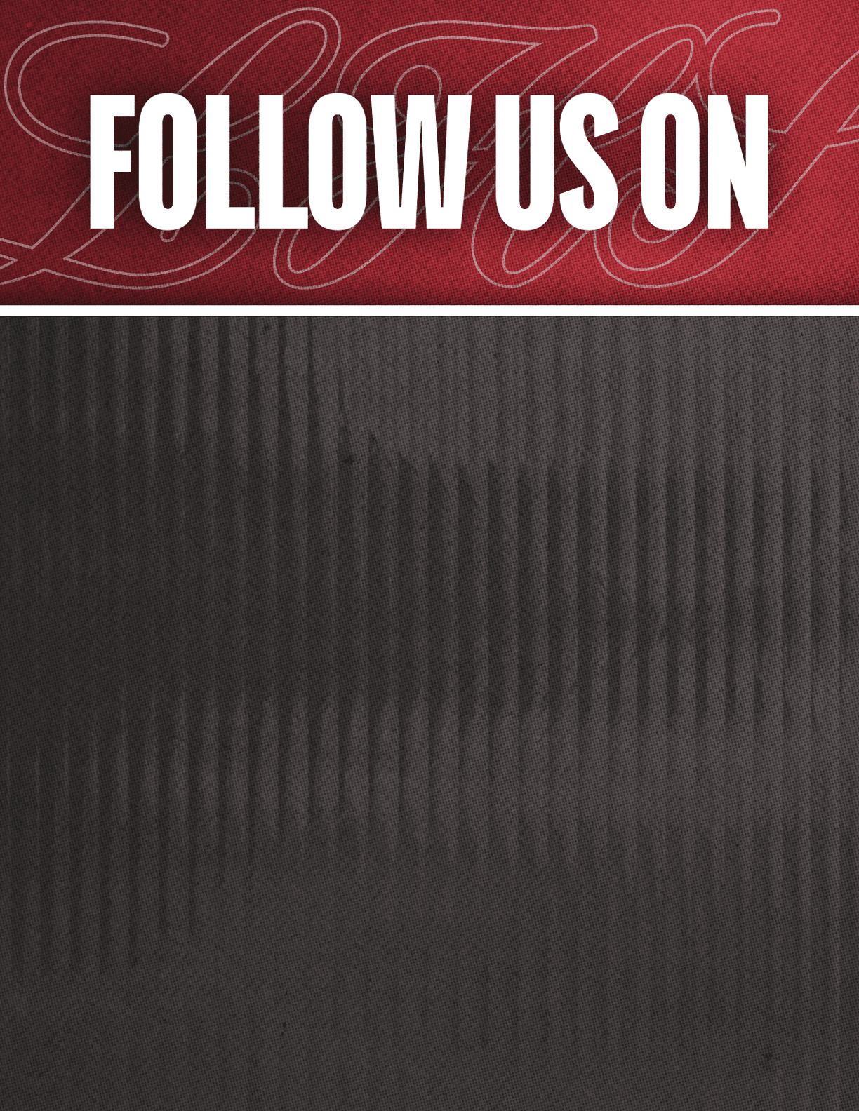 A black and red sign that says Follow Us On. Description generated by AI
