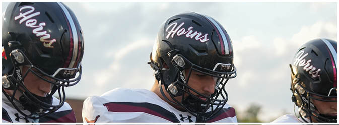 A football game is taking place on a field with players wearing blue and white uniforms. Description generated by AI