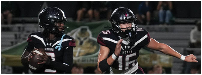 A football game is taking place on a field with players wearing blue and white uniforms. Description generated by AI