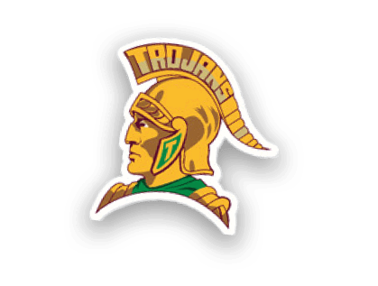 A stylized side profile of a person wearing a golden Trojan helmet with a plume and green and gold armor, accompanied by the word “TROJANS" in bold orange letters above. Description generated by AI