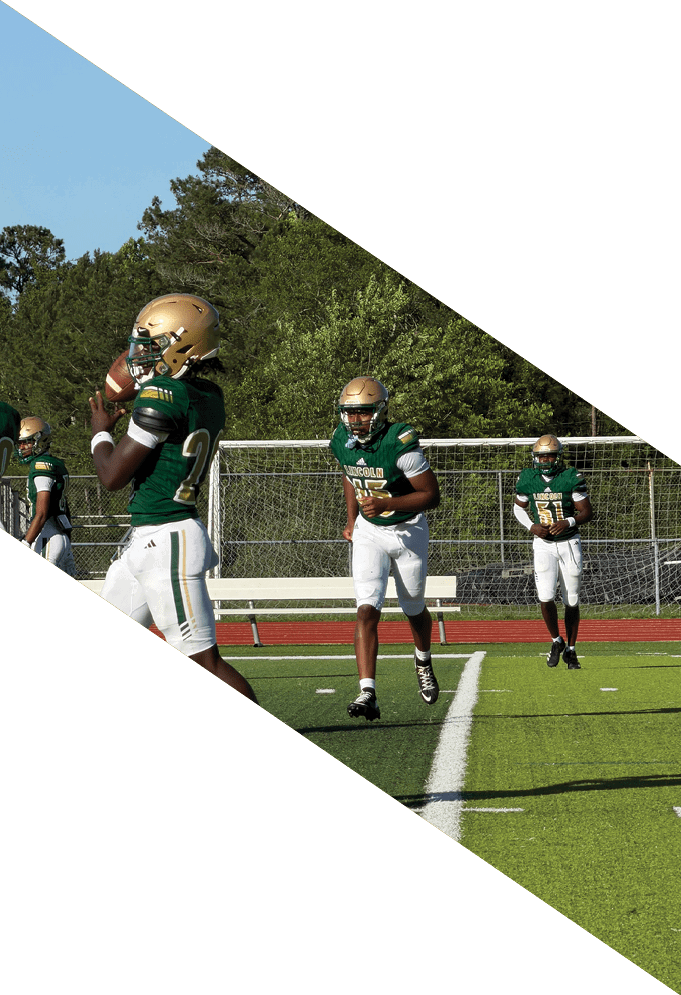 Three football players wearing green uniforms and black helmets pose for a photo. AI generated content