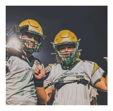 Two men wearing football helmets are talking to each other. AI generated content