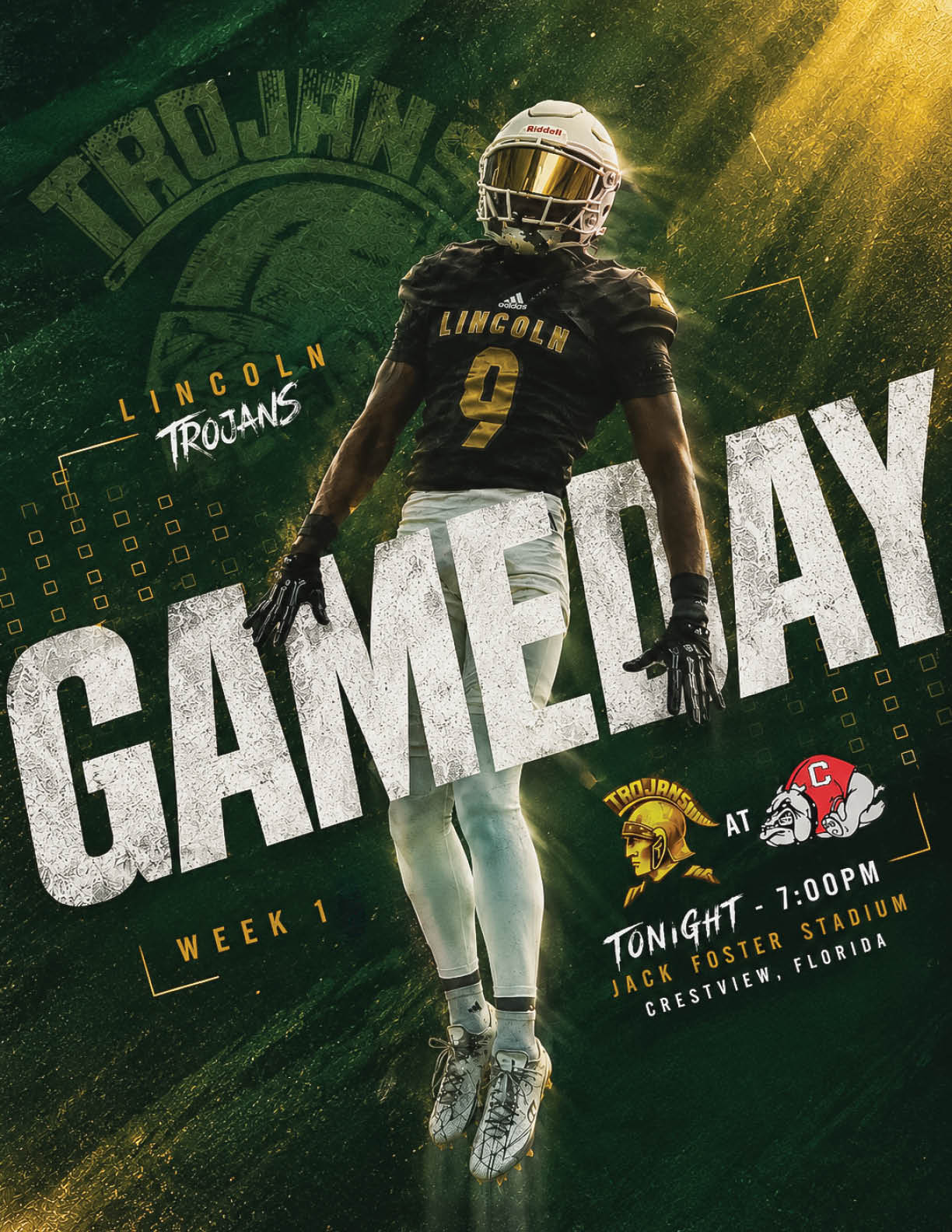 A person in a football uniform with the number nine stands confidently in front of large text reading “GAMEDAY" with details about a Lincoln Trojans football game against Crestview at Jack Foster Stadium. Description generated by AI