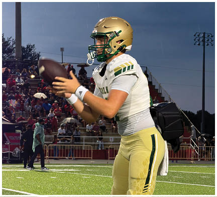 A person wearing a football uniform and helmet is preparing to catch a football on a field with spectators in the background. Description generated by AI