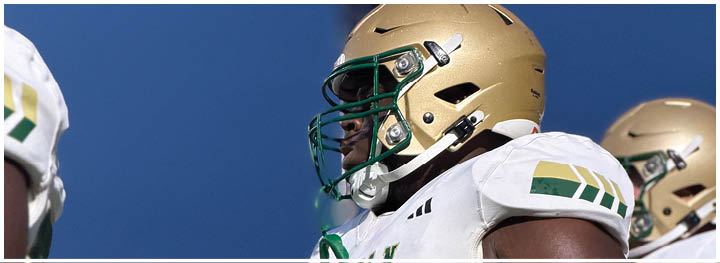 Three people wearing football helmets and white jerseys with green and gold accents stand against a clear blue sky. Description generated by AI