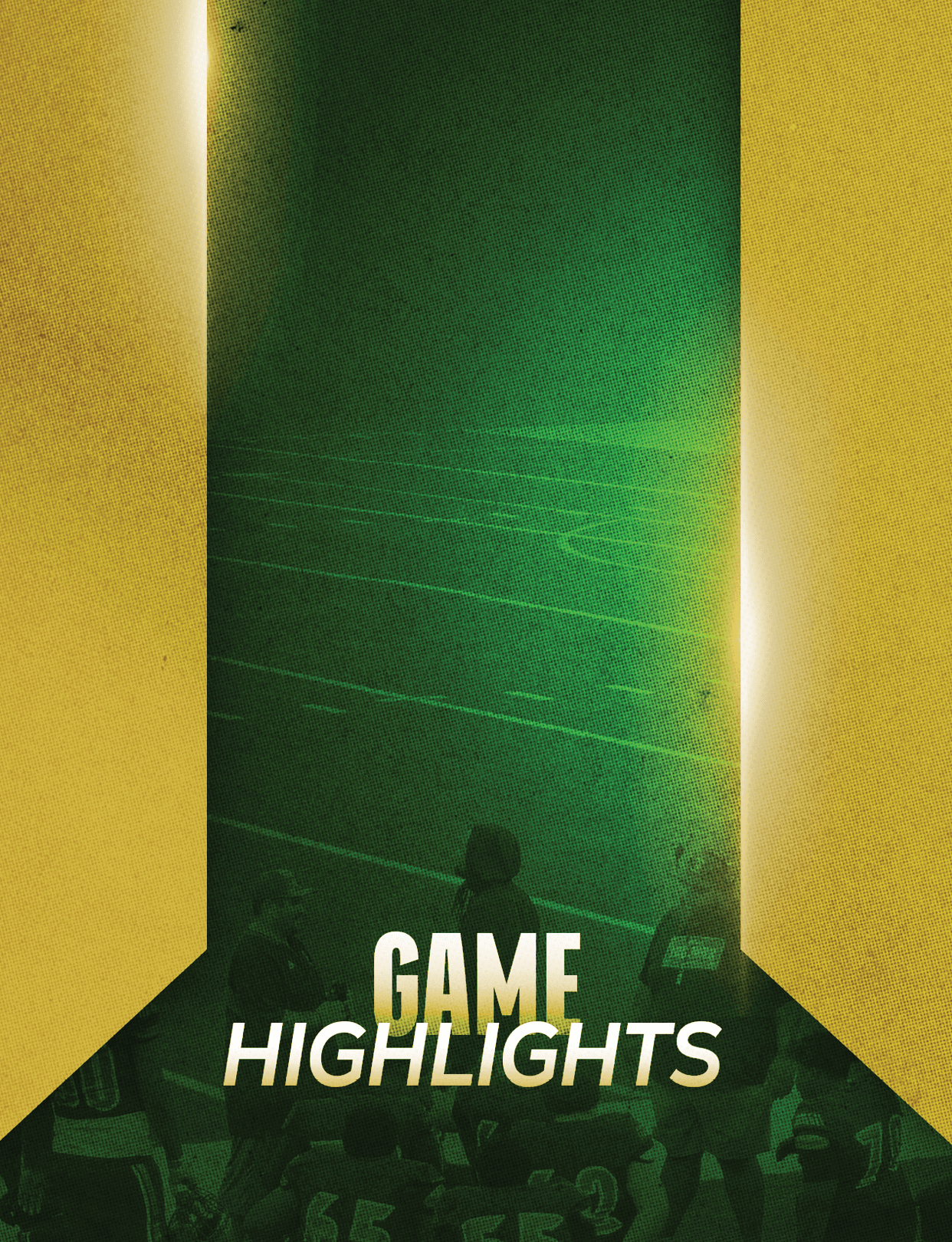 A stylized graphic with a green football field background and gold panels on the sides featuring the text “GAME HIGHLIGHTS" in bold white and gold letters. Description generated by AI