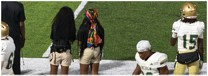 Two people wearing headsets are standing on opposite sides of a white line on a green sports field. Description generated by AI