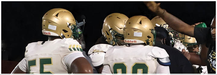 A group of people wearing gold helmets and white sports uniforms are gathered closely together against a dark background. Description generated by AI
