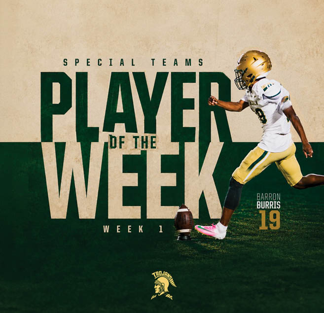 A person in a football uniform is kicking a football on a field with text highlighting them as the special teams player of the week for week 1. Description generated by AI