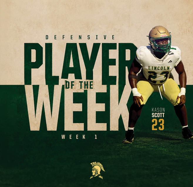 A person in a football uniform with a helmet is crouched in a ready stance next to bold text that reads defensive player of the week week 1 with the name Kason Scott and number 23. Description generated by AI