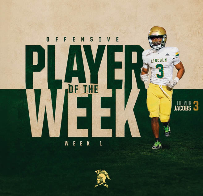 An adult wearing a football uniform with a helmet and the number 3 on the jersey is running on a field next to text that reads offensive player of the week week 1 and the name Trevor Jacobs. Description generated by AI