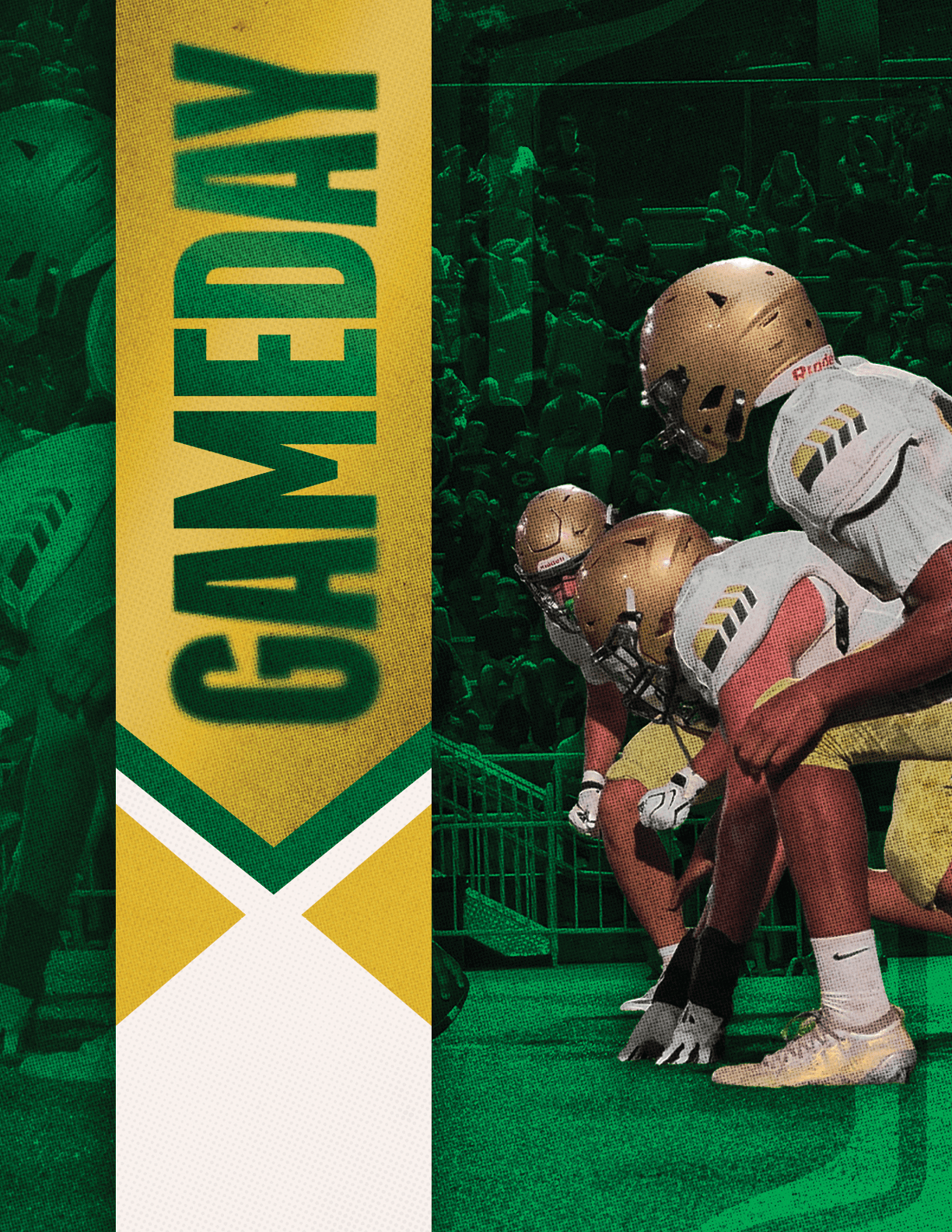 Three people in football uniforms and helmets are crouched in a ready position on a green field next to a vertical banner that reads GAMEDAY. Description generated by AI