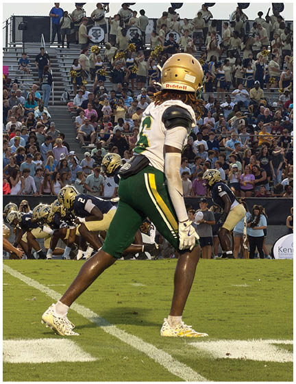 Three people wearing gold helmets and white and gold football uniforms stand on a field under a partly cloudy sky. Description generated by AI