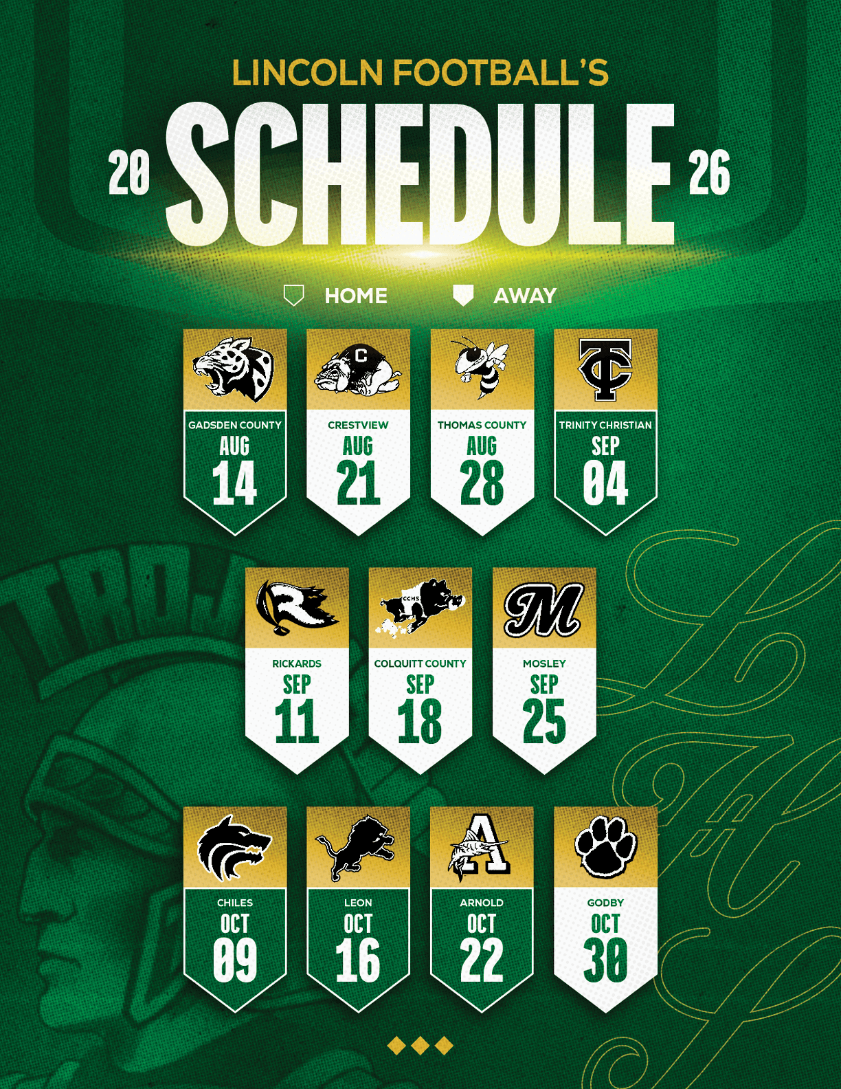 Lincoln Football's 2026 schedule displayed on a green background with team logos and dates for home and away games. Description generated by AI